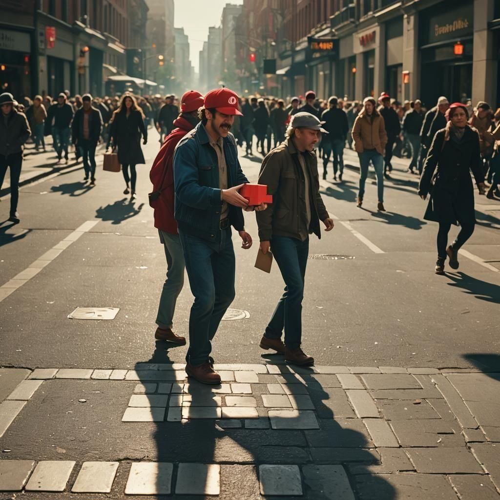 Realistic Mario Breaks Block in Cityscape