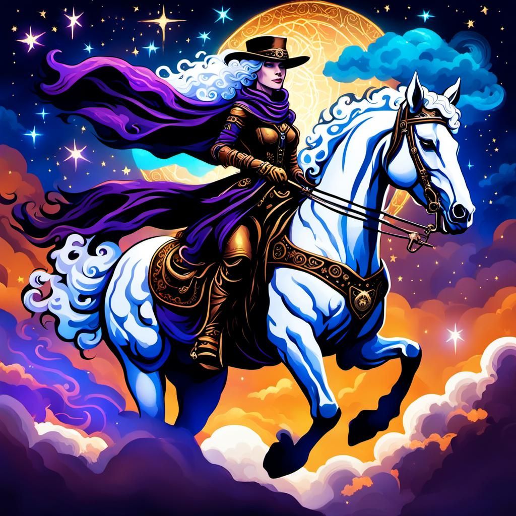 Ethereal Steampunk Siren Rides the Cosmic Skies