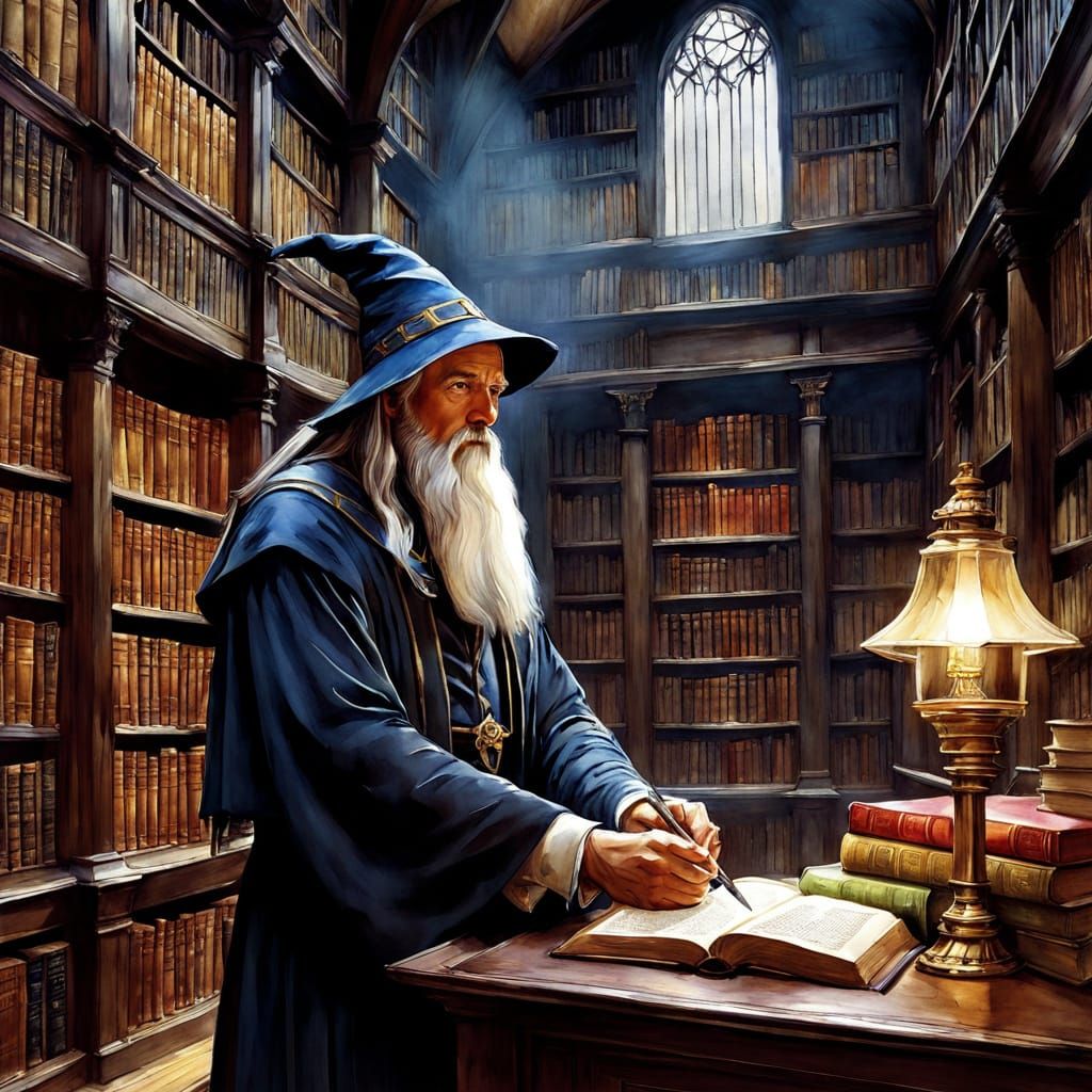 Chiaroscuro Wizard in Library Watercolor Painting