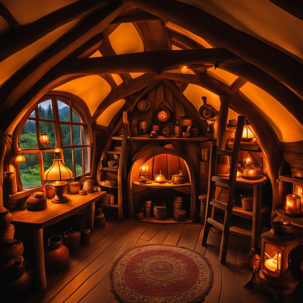 Inside a Crooked Hobbit House at Dusk