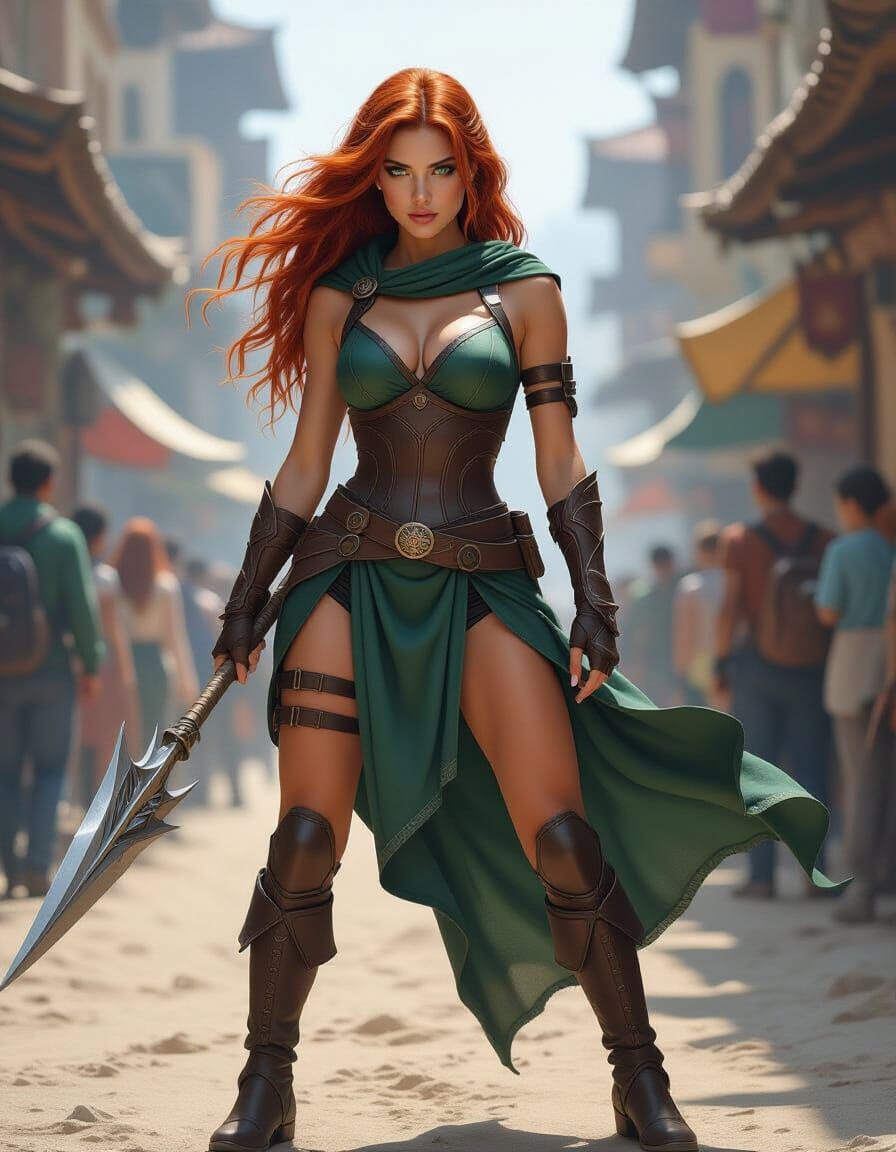 Warrior Woman with Fiery Hair in Fantasy Setting