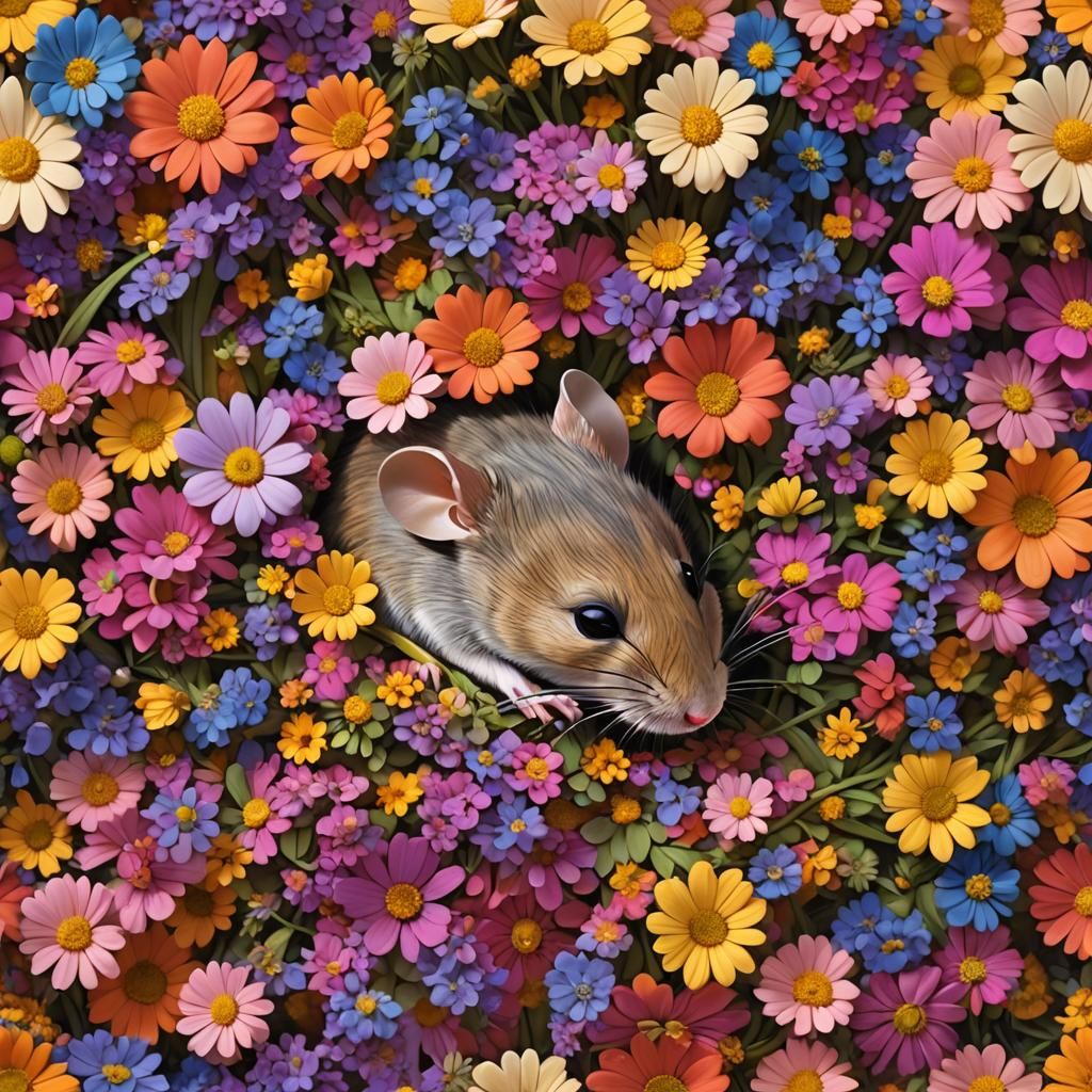 Mouse Sleeping in Flower: 3D Digital Art
