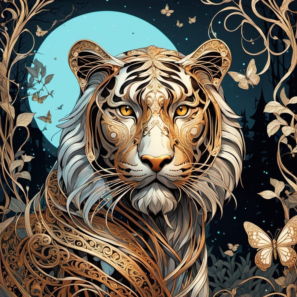 Cosmic Wire Tiger in Enchanted Forest: Art Nouveau Illustrat...