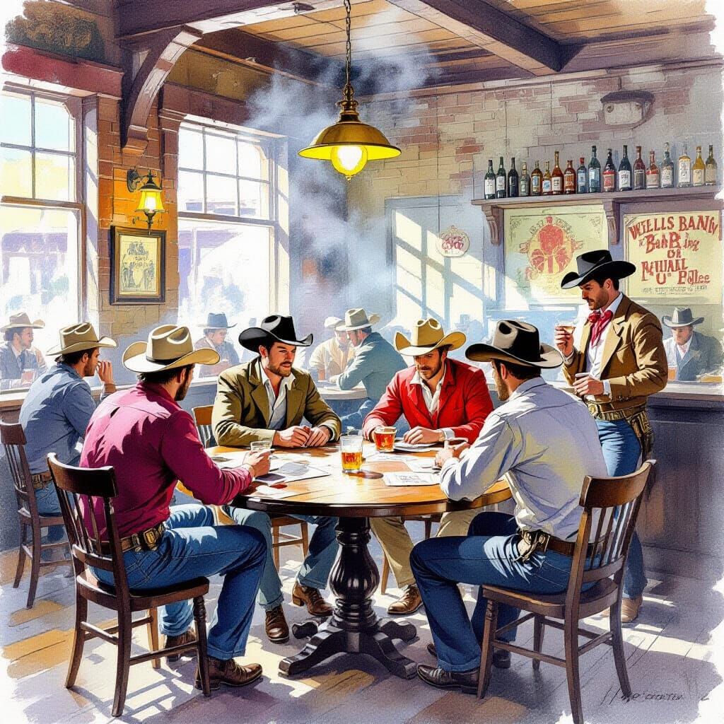Cowboys Plan Bank Attack: Gouache Style Painting