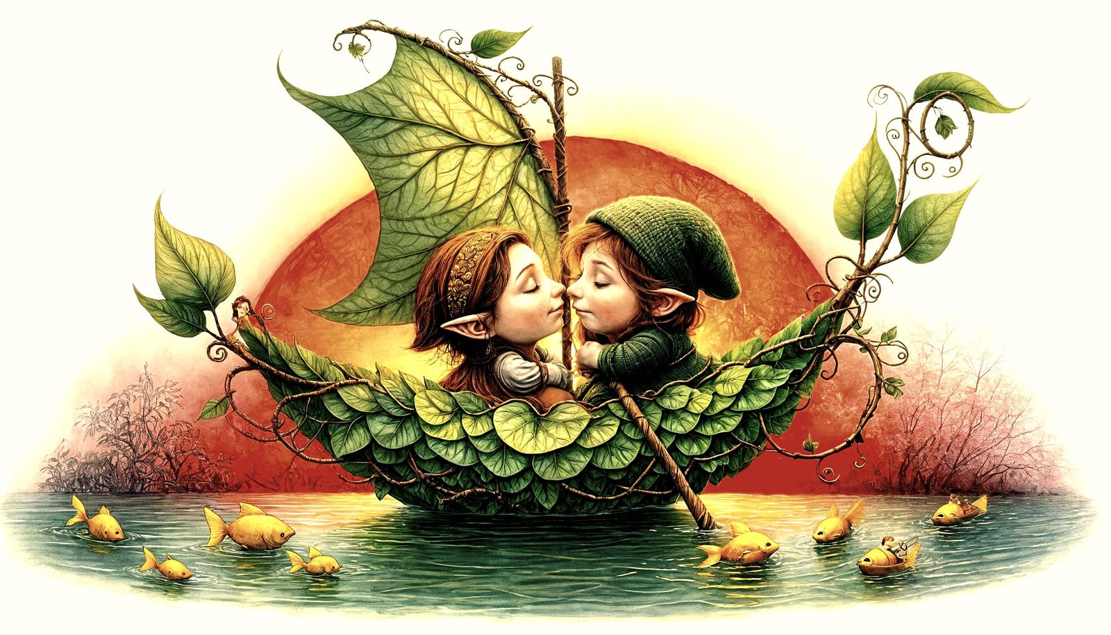 Romantic Dwarves in Leafy Boat at Sunset