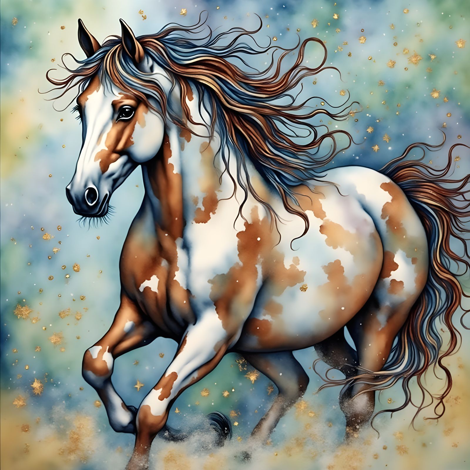 Mustang Galloping Through Starry Night in Van Gogh Style