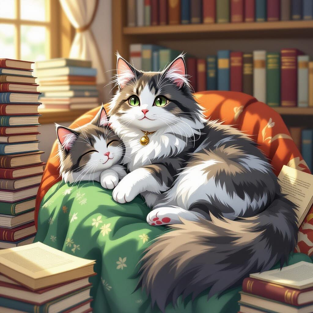 Cats with Book-Scented Fur in Anime Style