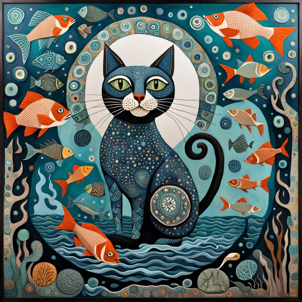 Whimsical Cat Juggling Fish in Folk Art Style