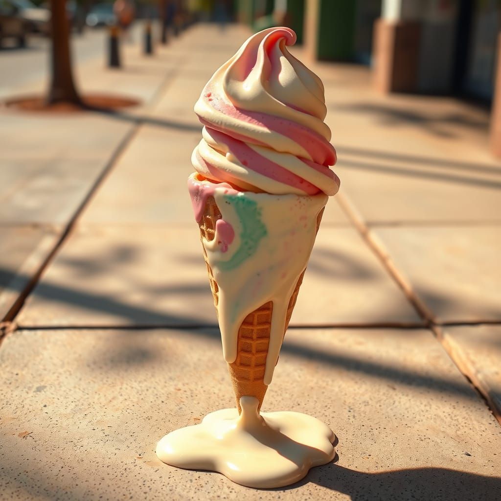 Melting Ice Cream Cone on Sunny Sidewalk