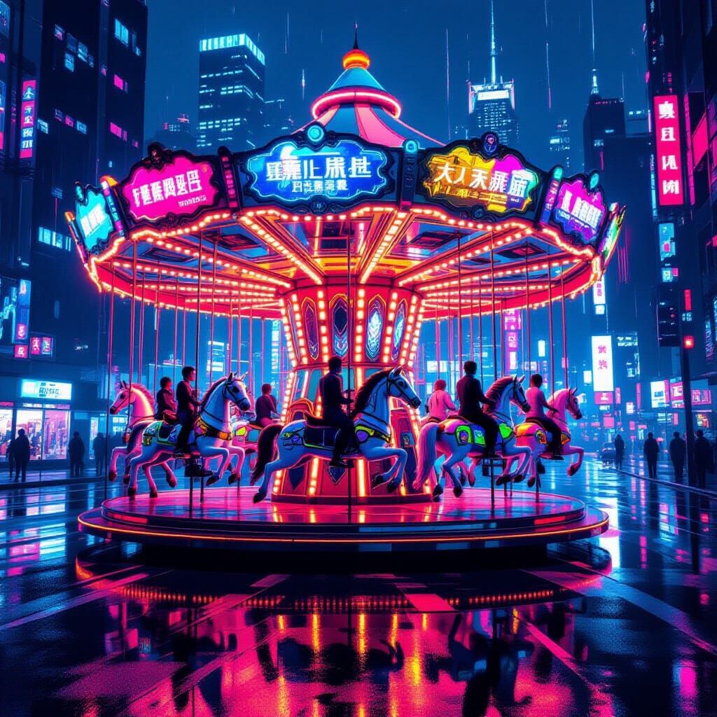 Futuristic Cyberpunk Carousel in Neon Cityscape