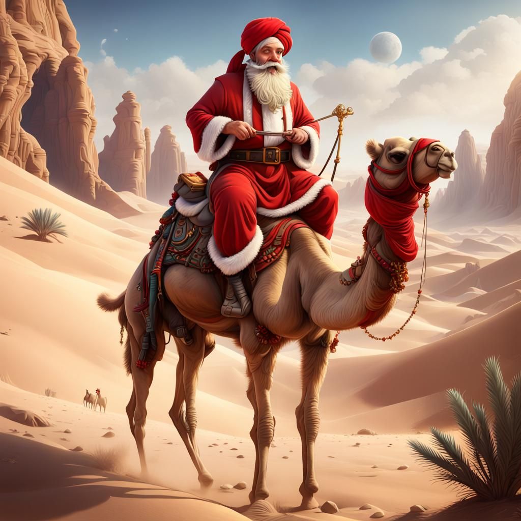 Santa Claus on Camel in Desert Oasis