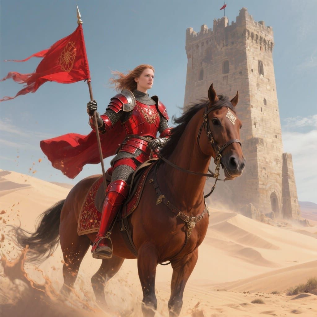 Woman Knight Rides Brown Horse with Red Flag