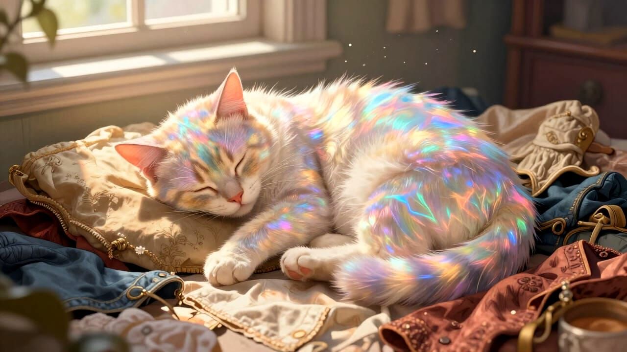 Iridescent Cat Sleeping on Vintage Clothes in Sunlight