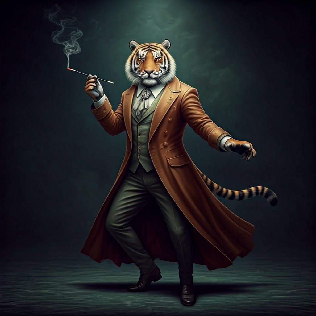 Whimsical Tiger in Luxurious Robe de Chambre, Dancing with E...
