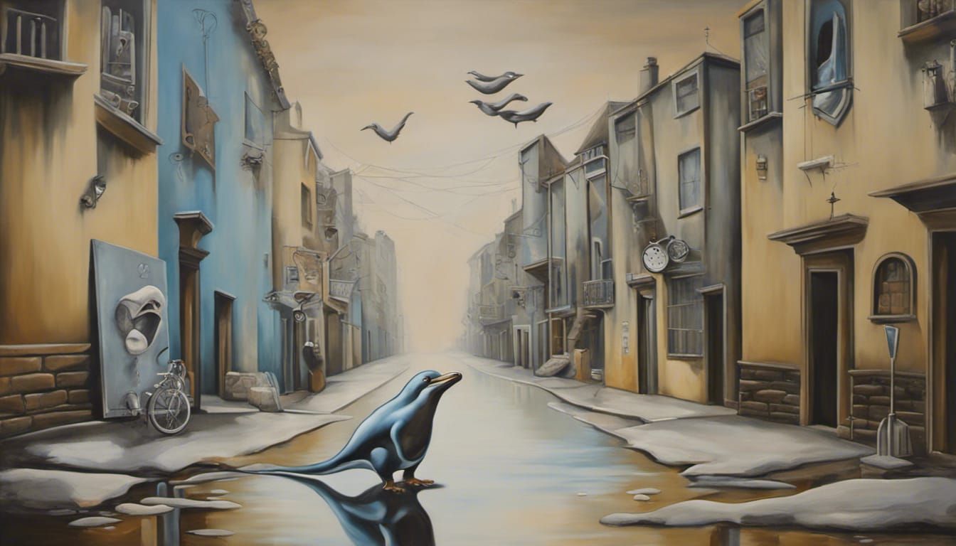Surreal Platypus vs Penguin Street Scene