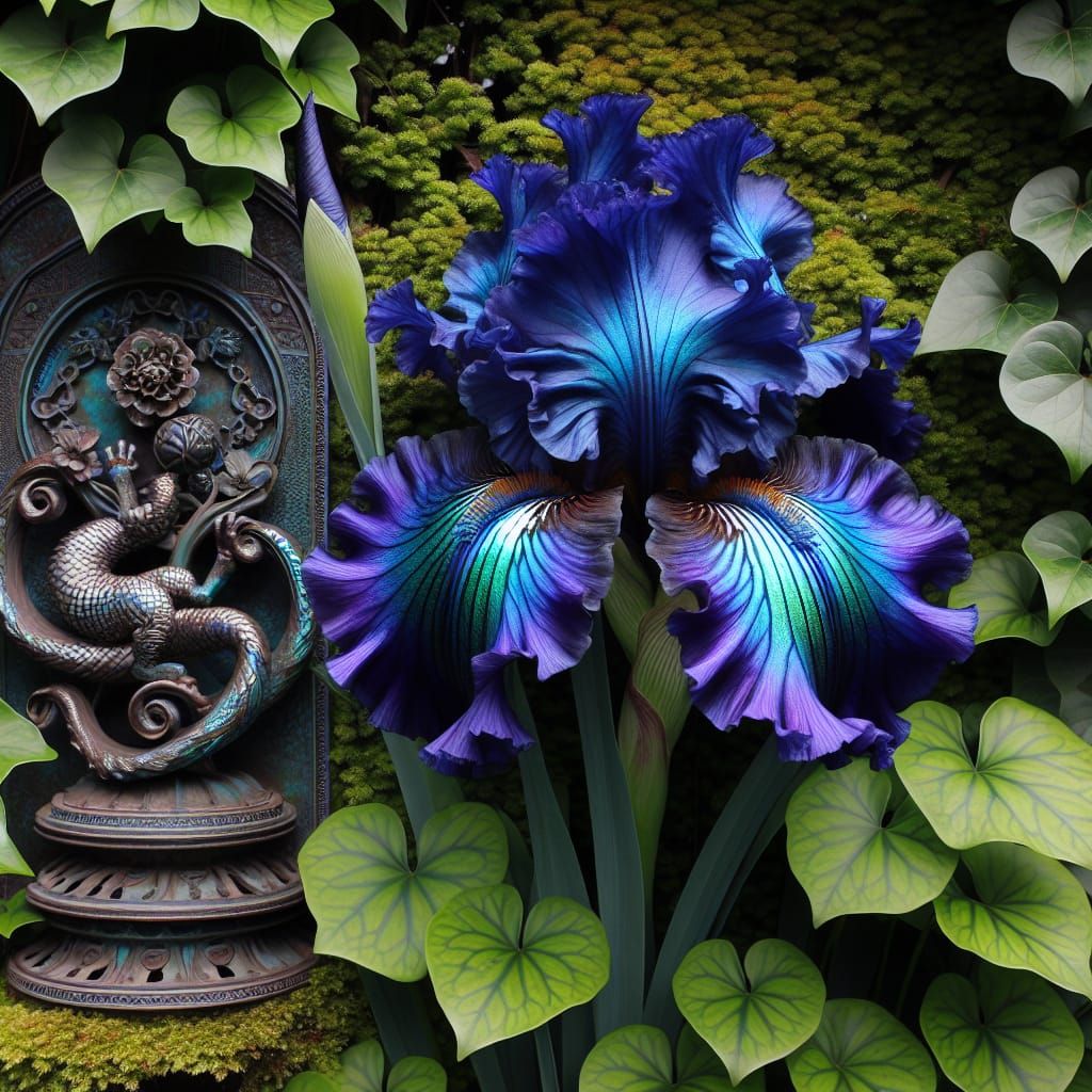Iridescent Indigo Iris with Indochine Iron Sculpture