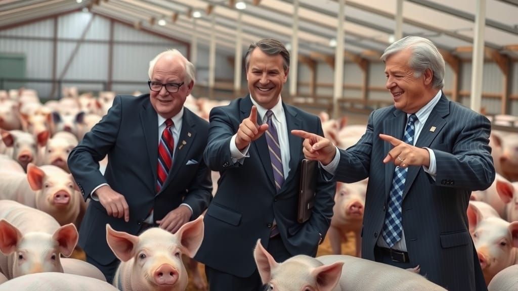 Corporate Politicians Exposed on Pig Farm in Business Suits
