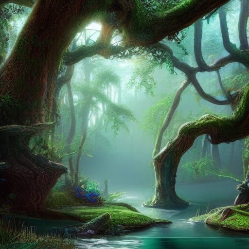 Beautiful Turquoise River Glade in Matte Painting Style