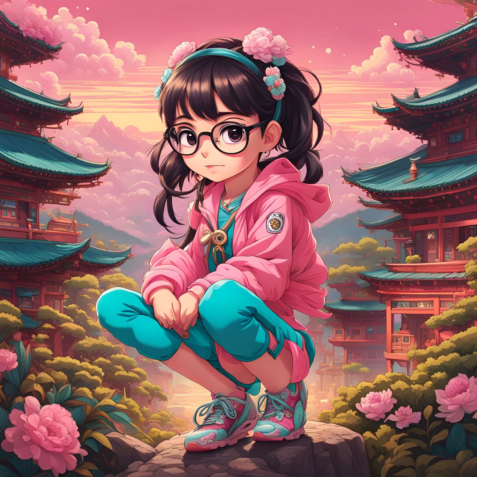Chibi Anime Girl in Pink with Ukiyo-e Art Style