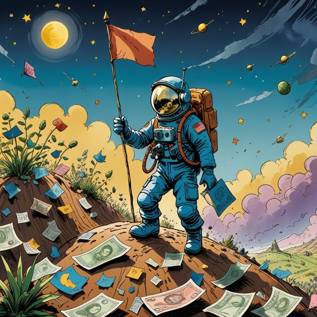 Astronaut Plants Flag on Money Planet in Storybook Style