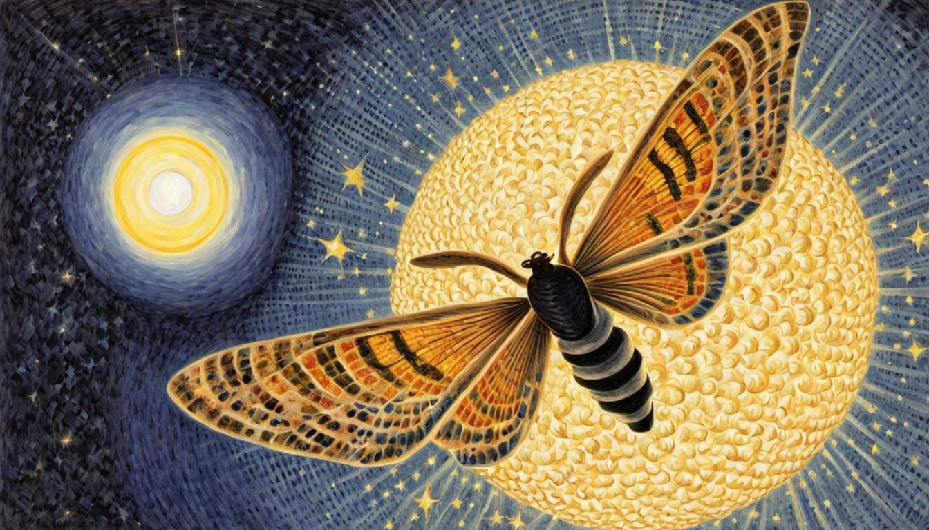 Moth and Bulb: Futurism in Pointillist Style