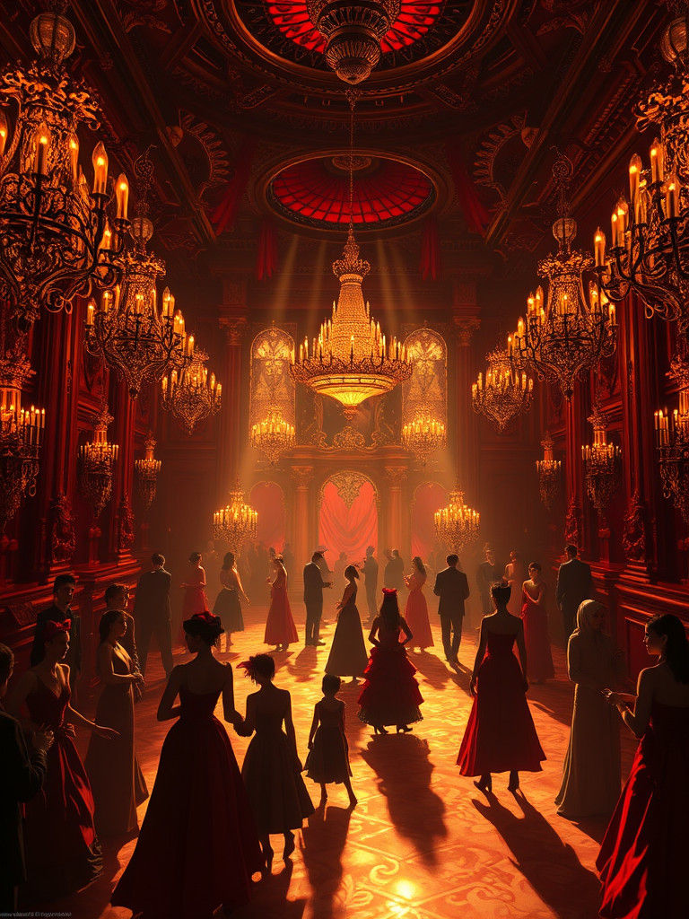 Crimson Masquerade Ball in Opulent Hall, Anime Art