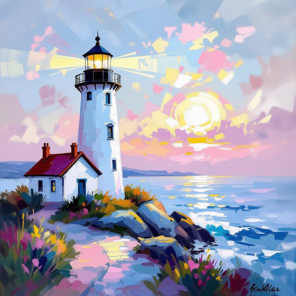 Blue and White Lighthouse in Impressionistic Style