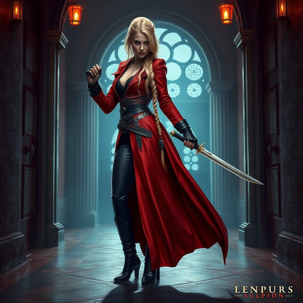 Viking Vampire Warrior in Red Coat, Holding Swords at the Re...