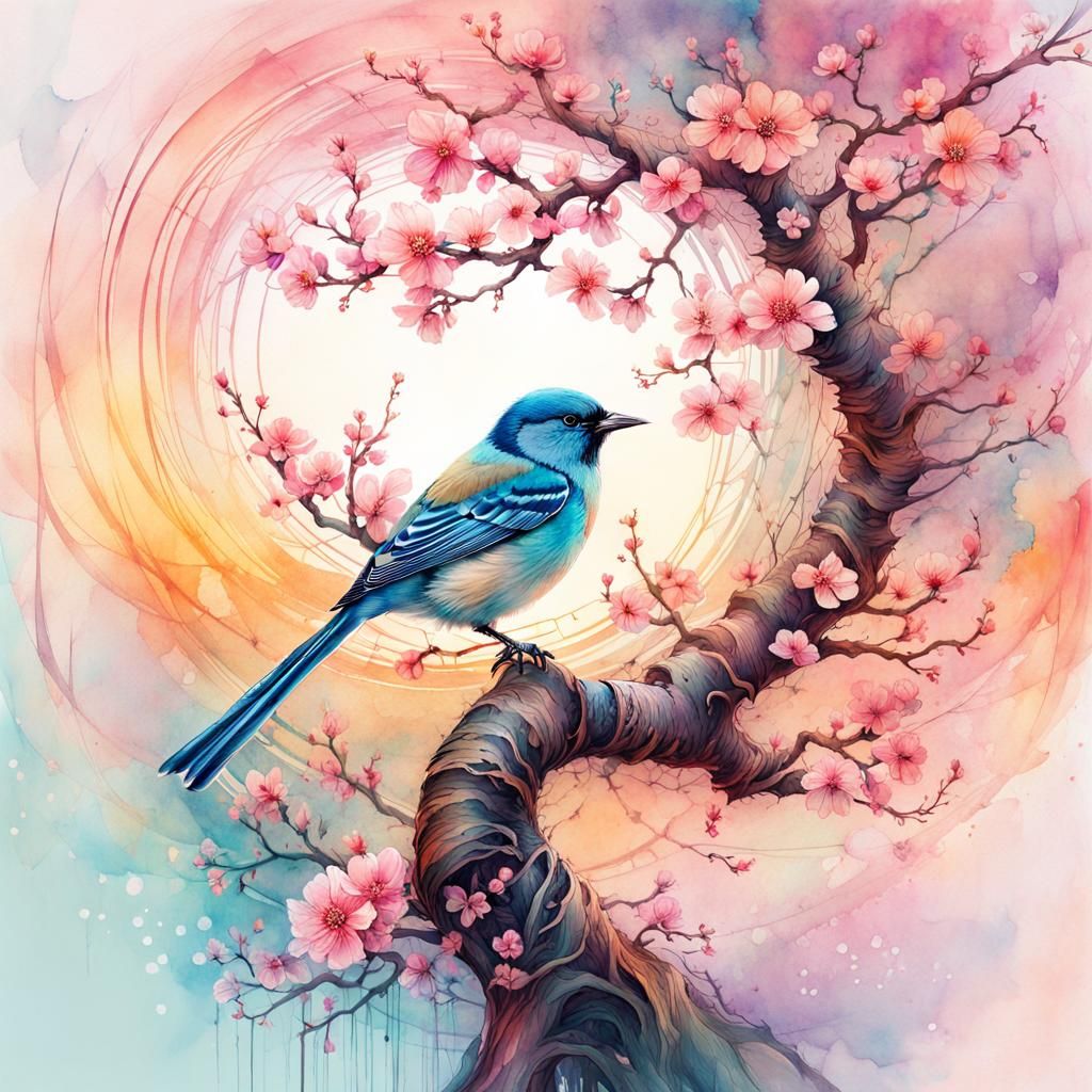 Blossom Bird Tree in Pastel Watercolor Style