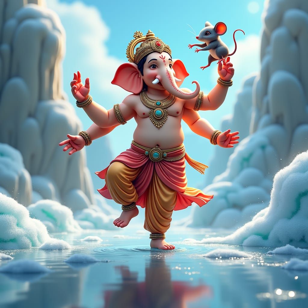 Ganesh Dances with Mouse in Icy Anime Portrait
