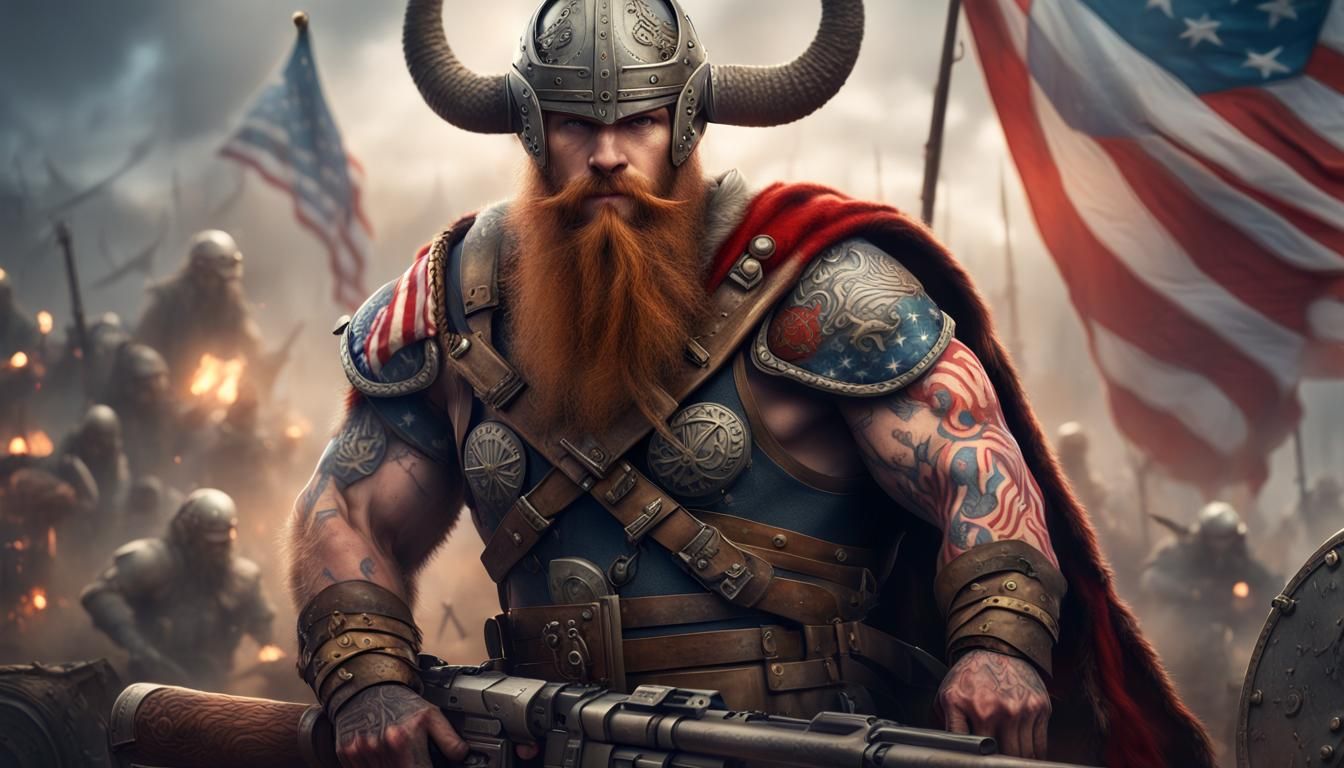 Viking with Horns and US Flag in Detailed Digital Art