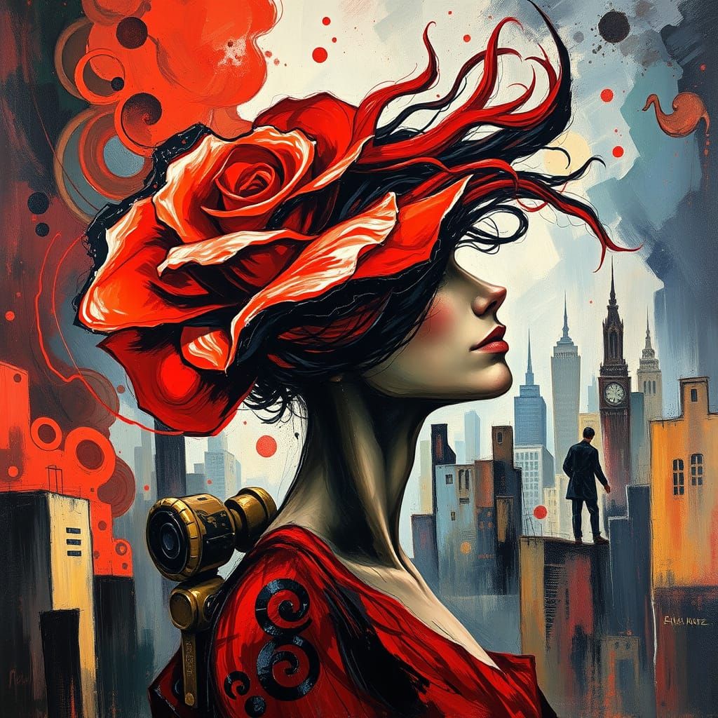 Expressionist Rose Woman in Cityscape of Wild Emotion