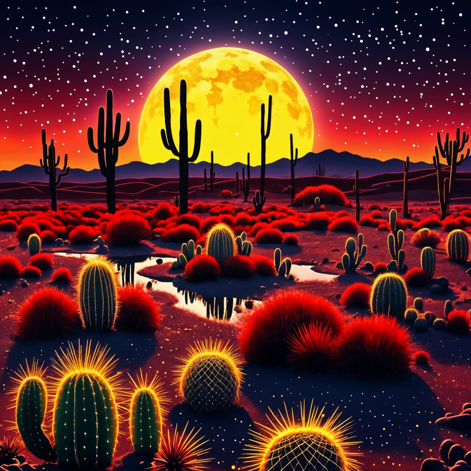 Vibrant Red and Yellow Desert Sunset with Cacti