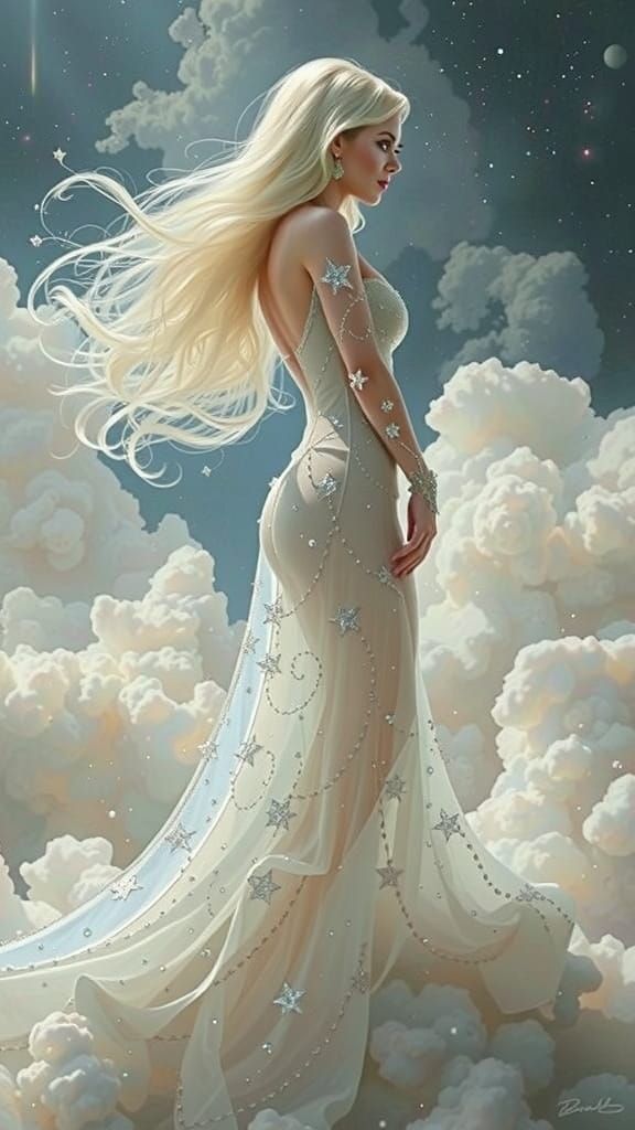 Pin-Up Model in Swirling Nebula, Retro-Futuristic Glamour