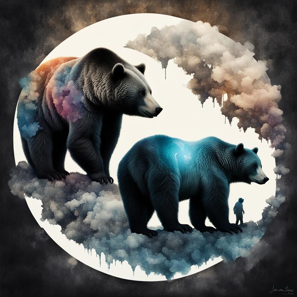 Yin and Yang Bears Silhouette Art in Fantasy Style