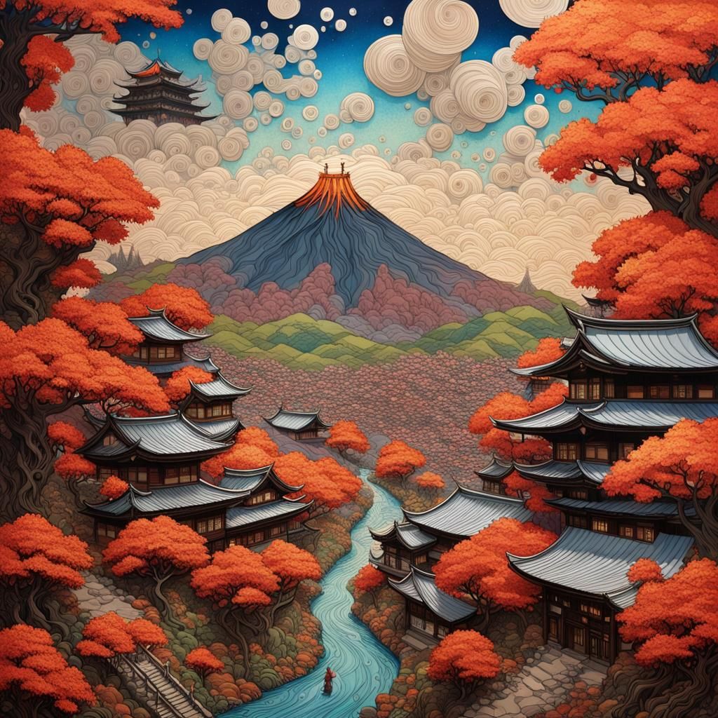 Volcano Eruption over Japanese Town in Origami Style