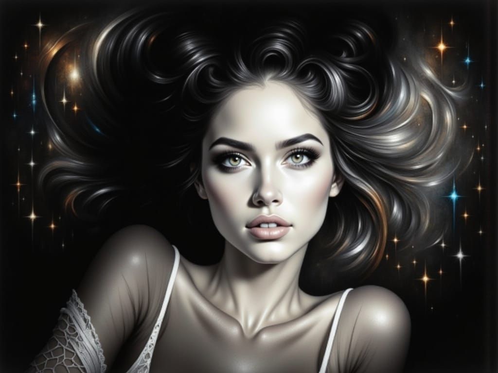 Sultry Goddess in Stained Glass Dreamscape