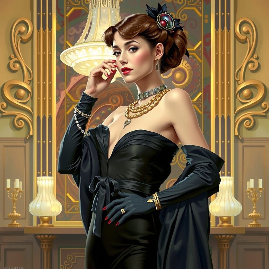 Elegant Woman in Ballroom, Art Nouveau Portrait