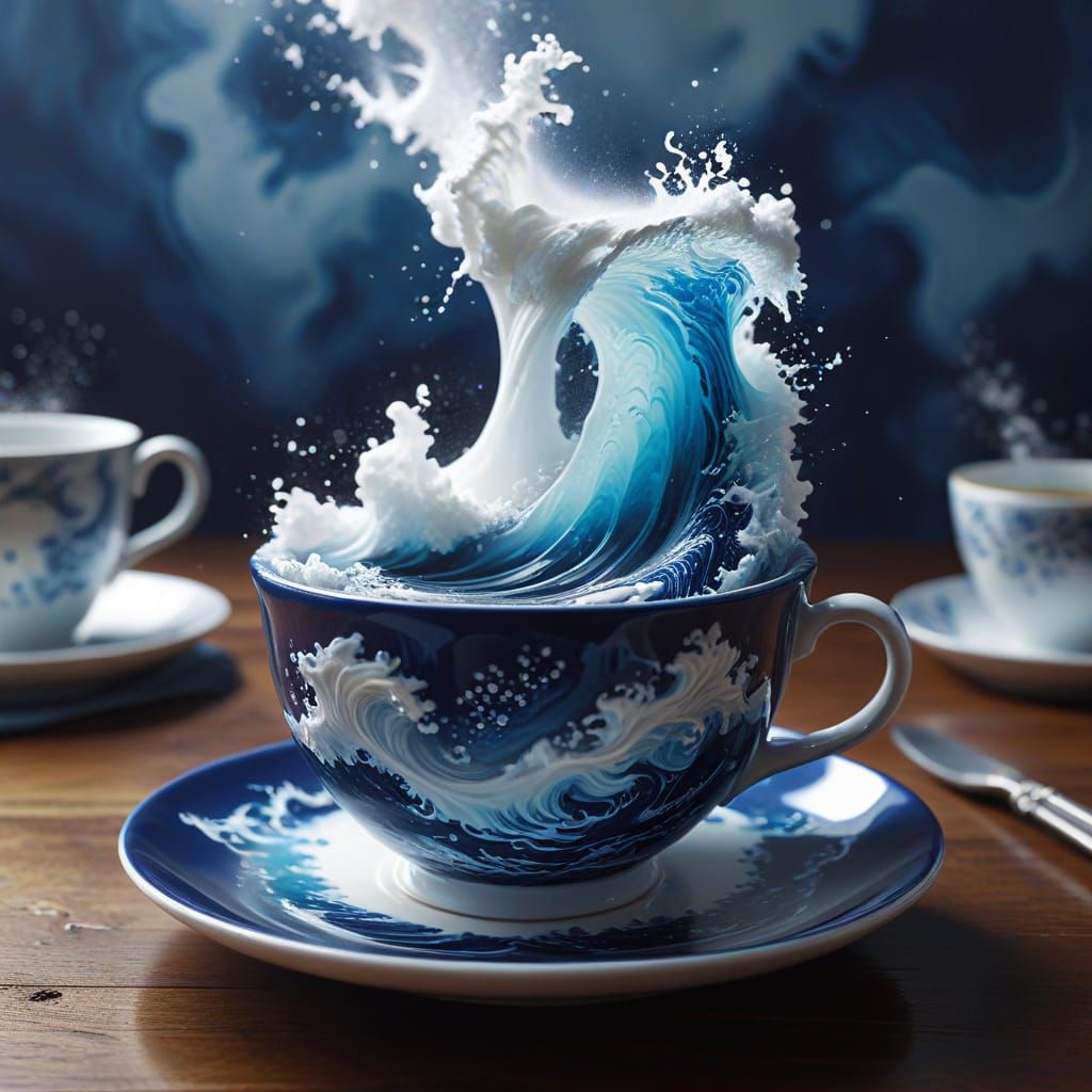 Giant Wave Crashes Inside Ornate Teacup in Stormy Lighting