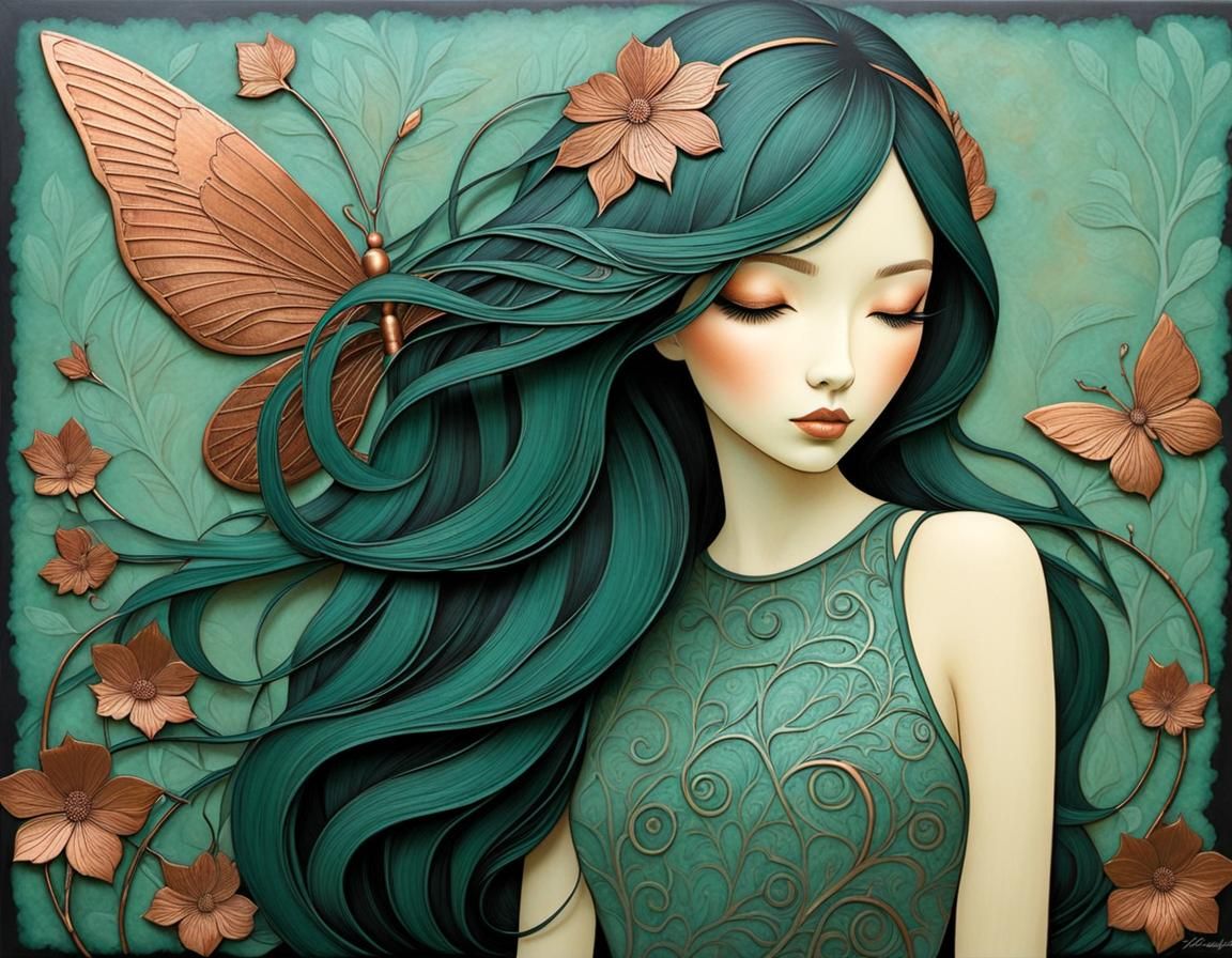 Copper Girl with Verdigris Patina on Encaustic Background