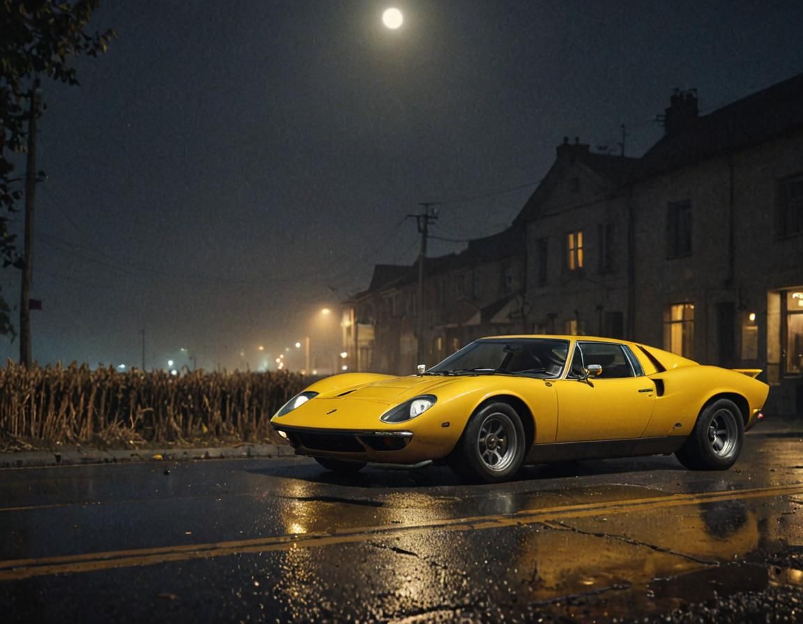 Yellow Lamborghini Miura at Night in Digital Art