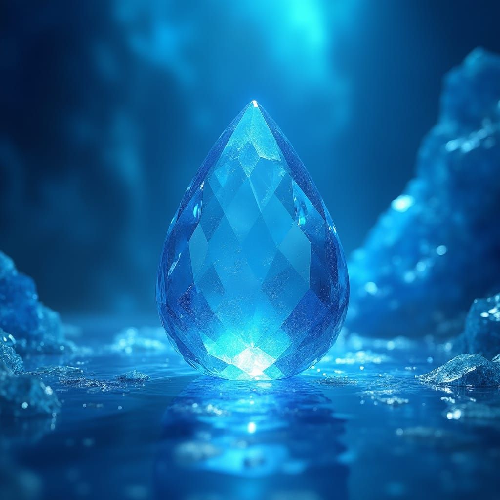 Luminous Blue Crystal Teardrop in Dazzling Cavern