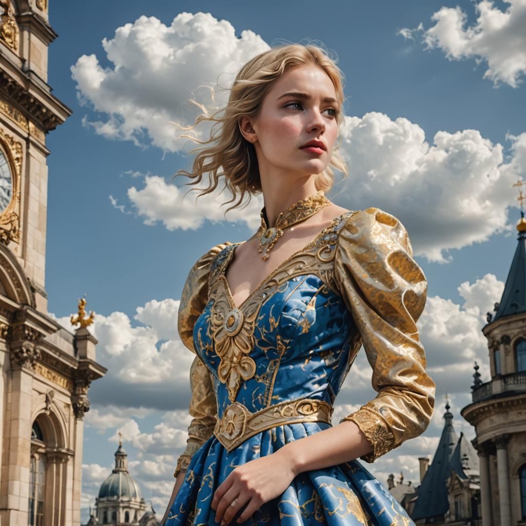 Blonde Woman in Blue and Gold Dress, Cloudy Sky
