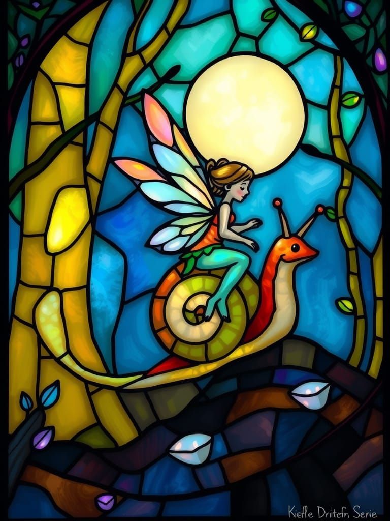Fairy Rides Snail Through Forest Stained Glass