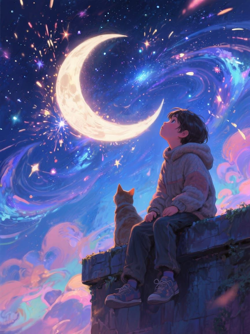 Ethereal Crescent Moon Over Child and Cat