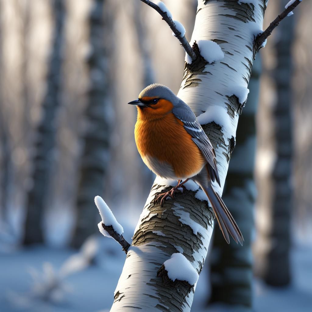 Winter Bird in Birch Tree: 3D Render