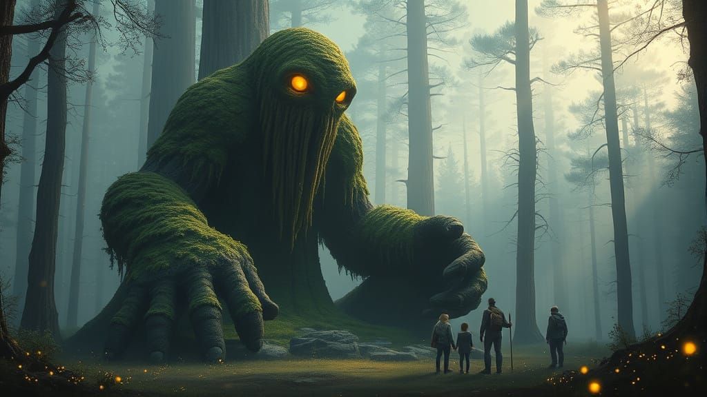 Colossal Moss Giant Shelters Travelers in Ethereal Forest
