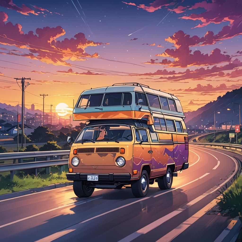 Anime Car Illustration: Volkswagen Caravan on Highway
