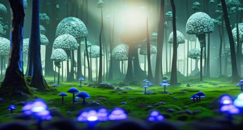 Glowing Lights in a Moonlit Mushroom Forest