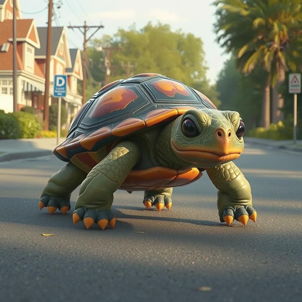 Pixar-style turtle running down the road
